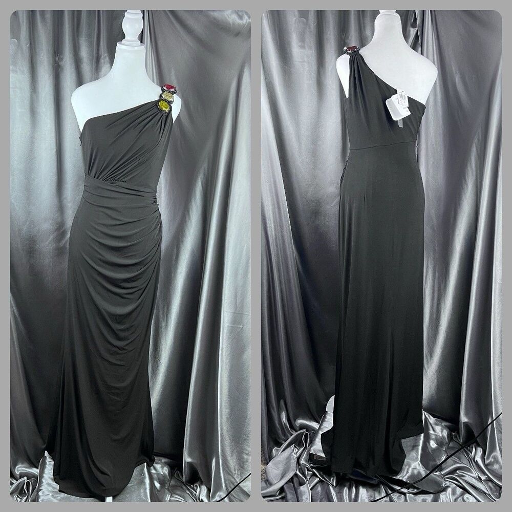 David Meister One Shoulder Maxi Gown Dress 4 Black‎ Beaded Ruched Wedding Guest
